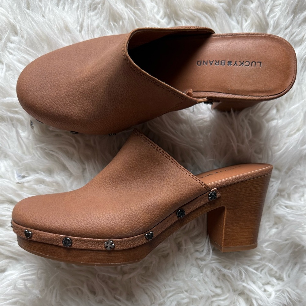 Lucky Brand Tan Leather Mules with Stacked Heel
